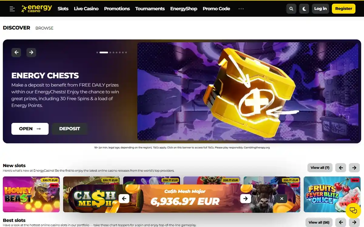 Startsidan hos EnergyCasino, skärmbild 2026-10-18