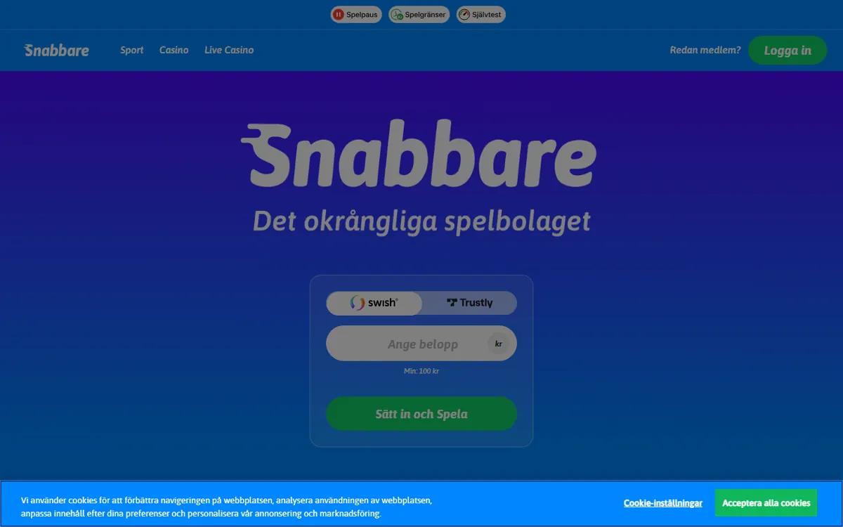 Startsidan hos Snabbare, skärmbild 2026-10-18